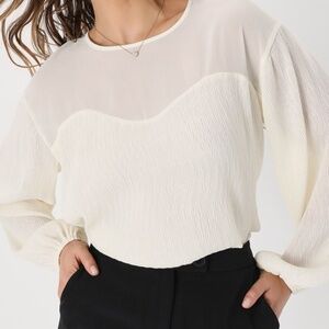 Lulus Perfect Presentation Cream Long Sleeve Tie-back Top White - Size XS